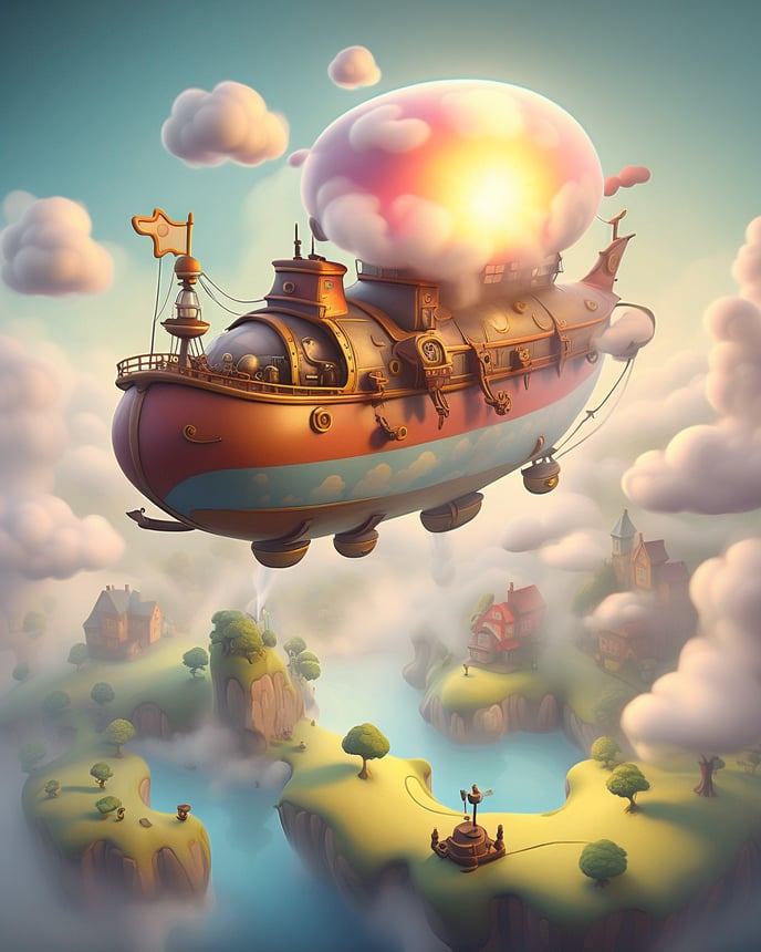 2010s Cartoon Renders_Li3azIKETG2GDevxDkdCHA_A steam-powered airship hovering over a misty, floating island_inference-txt2img_1699977148