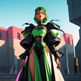 JRPG Adventure_Serious black female goddess, looking diagonally, dressed in extravagant and vanguardist clothing, plastic and latex materials, abstract shapes, asymmetric techno ornaments, predomi (1)