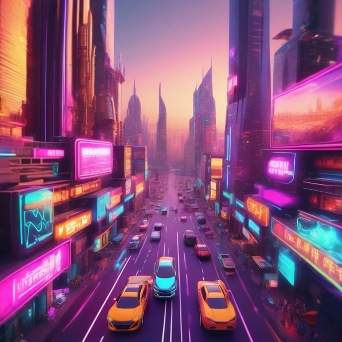 Luminous Realistic Concepts_JbmRvb3xSli7hmmYxXuoLQ_A bustling futuristic city with skyscrapers. Sleek metallic surfaces and neon accents on skyscrapers. Cars zooming between buildings. An electric atmosphere full of innovation and excitemen